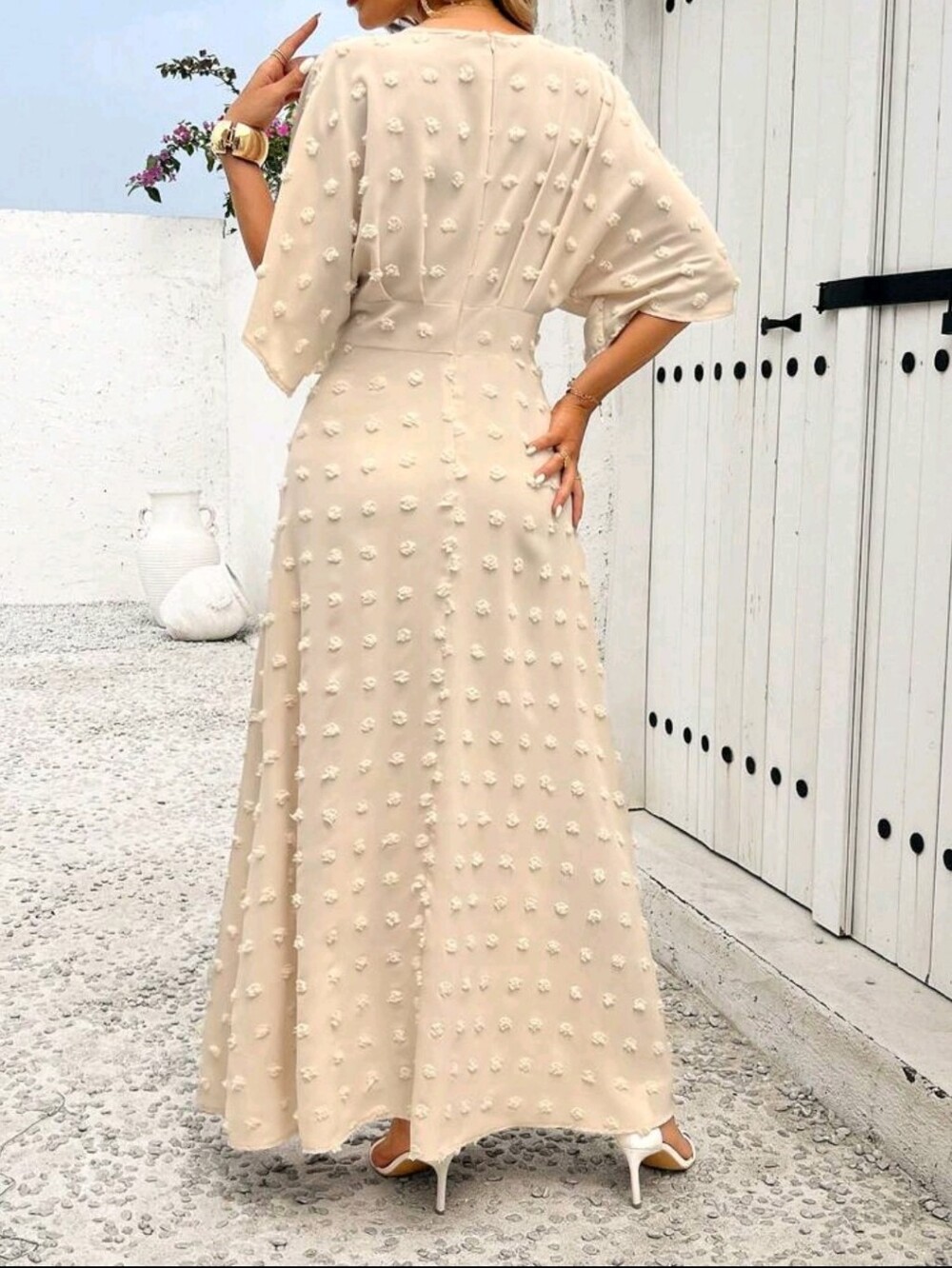 Elegant Cream Maxi Dress with Textured Dot Detail - Picture 2 of 7